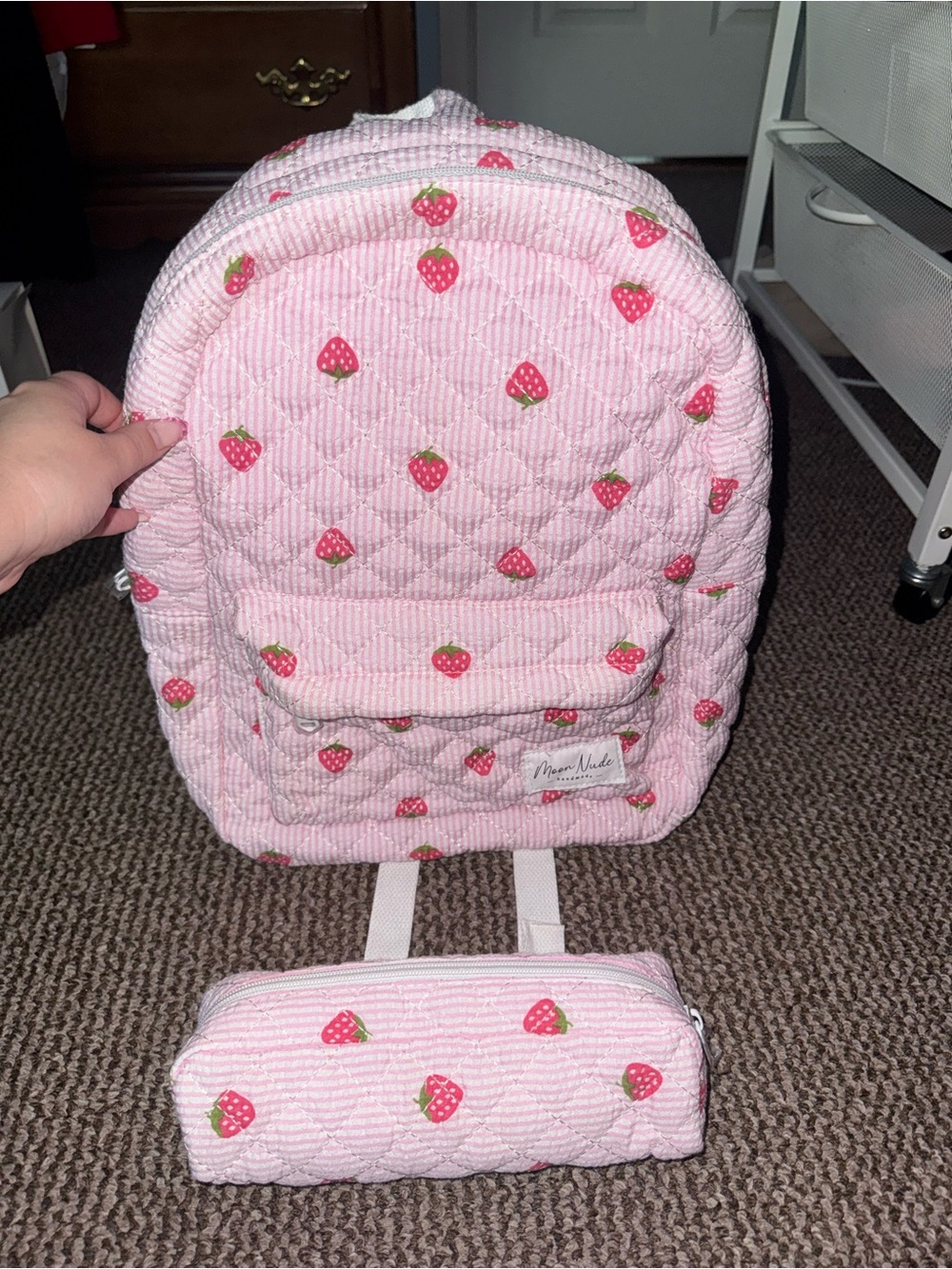 Moon Nude Strawberry Quilted Backpack and Pencil Case